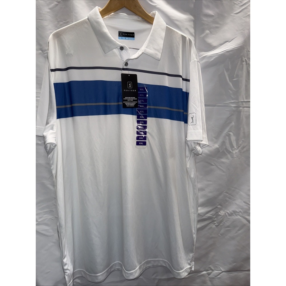 PGA Tour Polo Shirt Top Golf White Blue Stripe Moisture Wicking Men's XXL 2XL